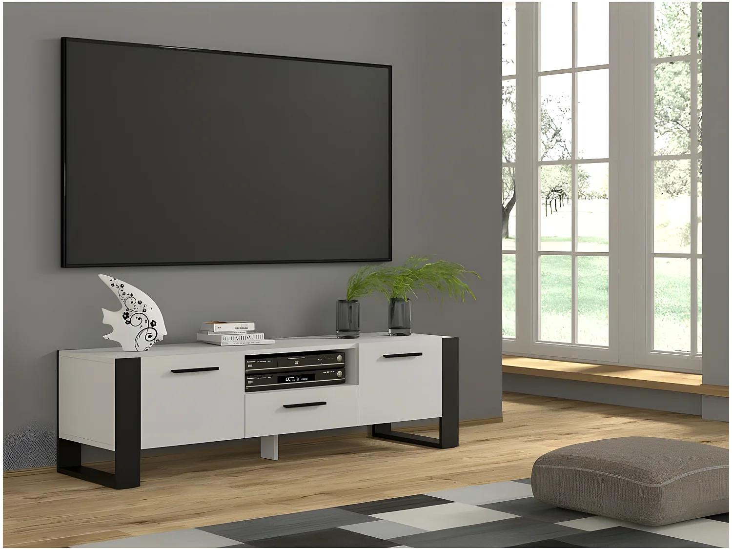 Meuble TV Nuka 200 cm meuble Hi-fi sideboeard Blanc mat jambes noires et poignées