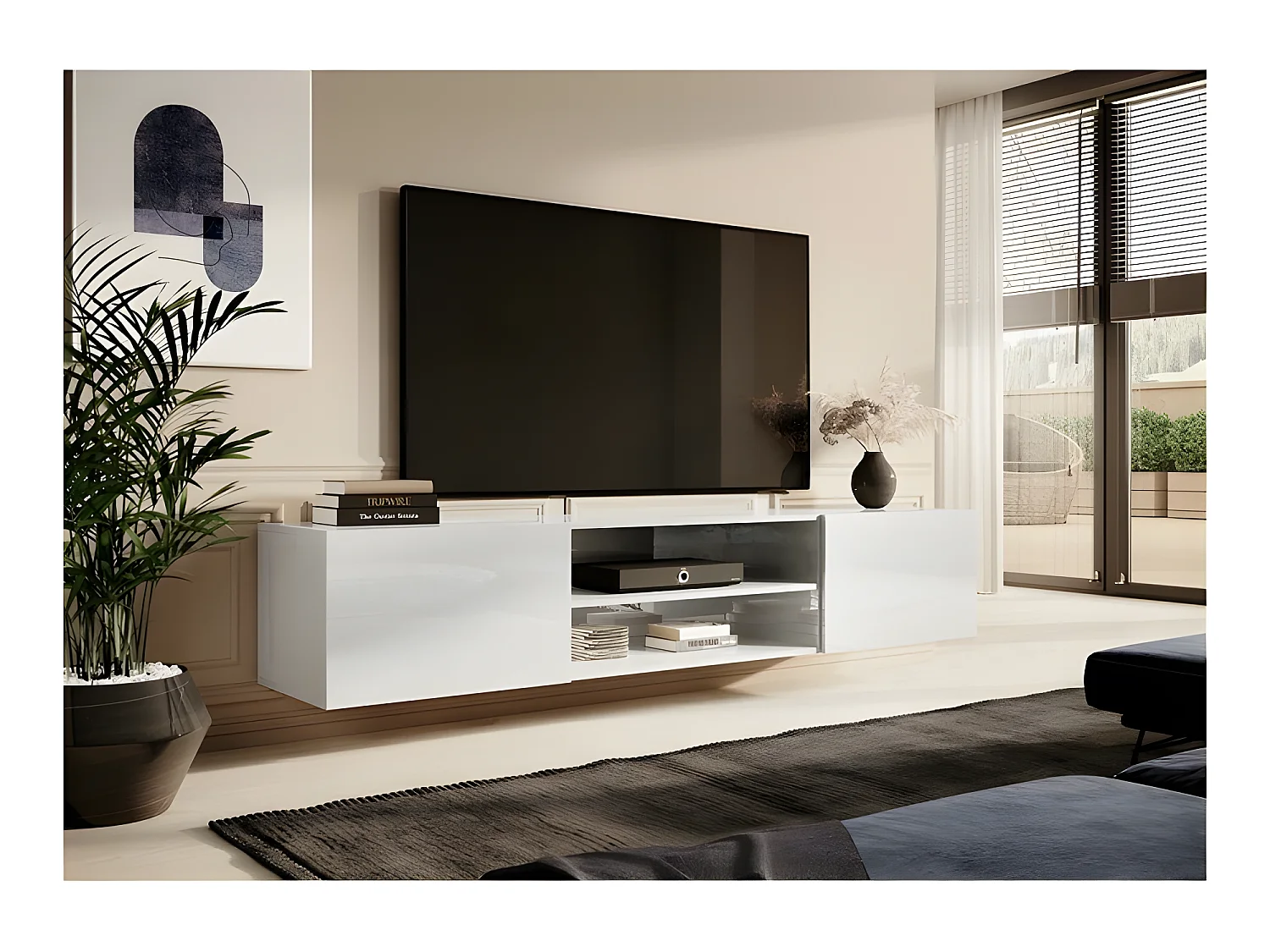 Meuble TV Blanc brillant 200x37x40cm SLIKA K à suspendre meuble Hi-fi 2 portes commode