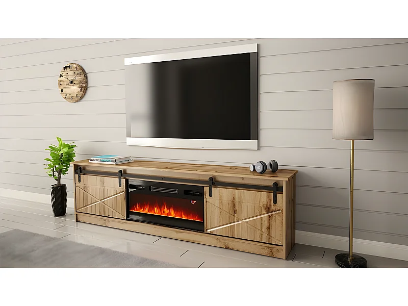 Meuble TV 200x57x35 cm couleur chêne Wotan GRANGE Avec Cheminée chauffante intégrée meuble Hi-fi à poser