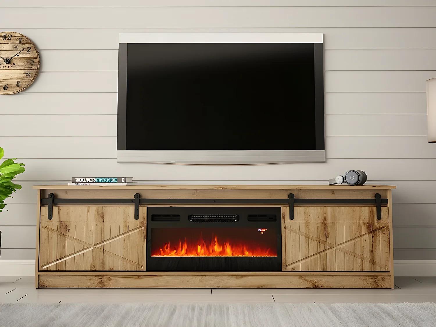 Meuble TV 200x57x35 cm couleur chêne Wotan GRANGE Avec Cheminée chauffante intégrée meuble Hi-fi à poser