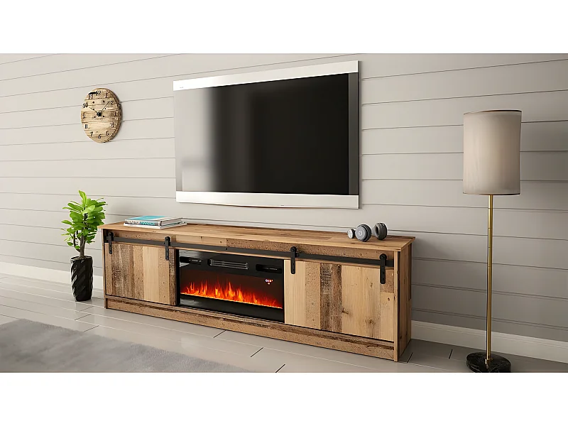 Meuble TV 200x57x35 cm couleur vieux bois GRANGE Avec Cheminée chauffante intégrée meuble Hi-fi à poser