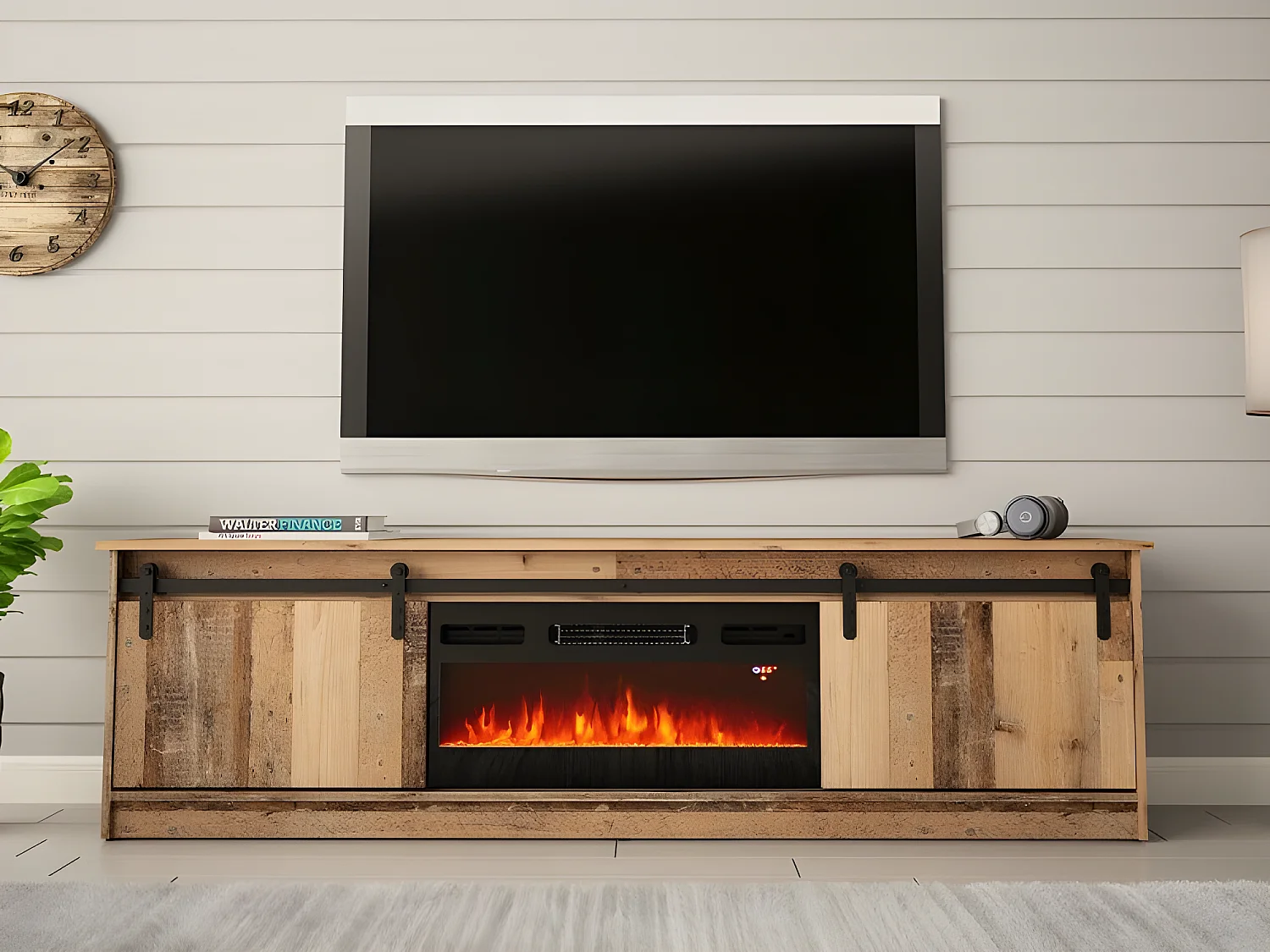 Meuble TV 200x57x35 cm couleur vieux bois GRANGE Avec Cheminée chauffante intégrée meuble Hi-fi à poser