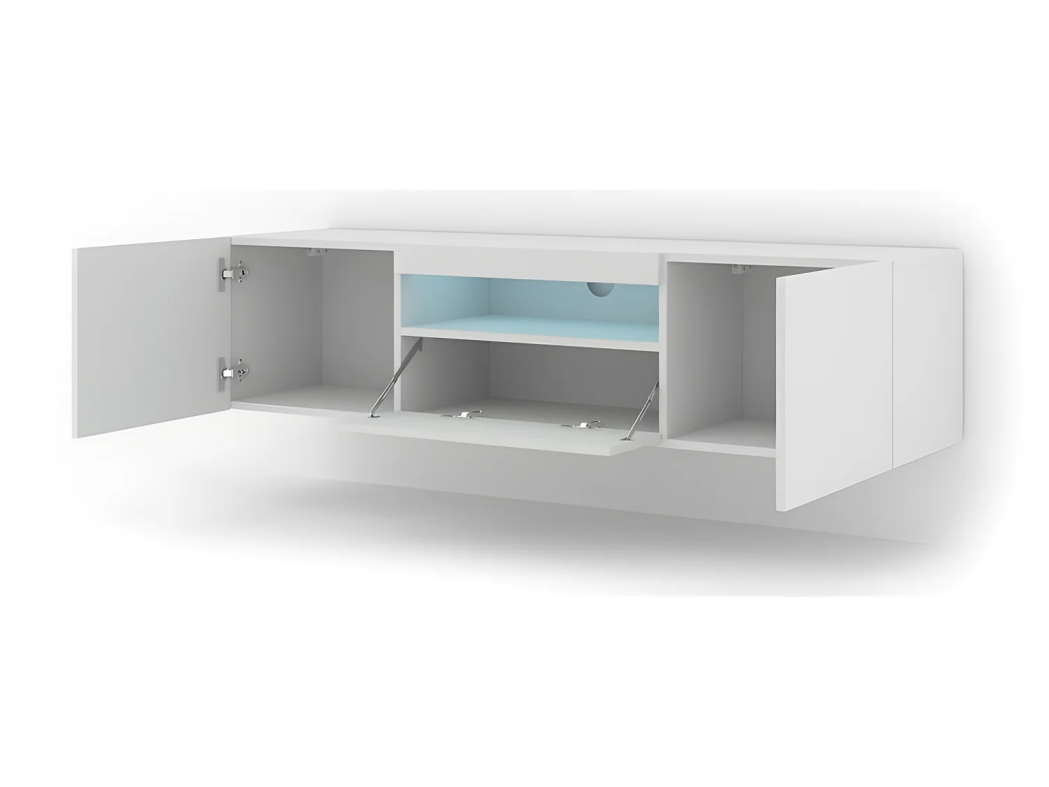 Meuble TV bas universel Aura 150 cm à suspendre ou à poser blanc mat avec LED