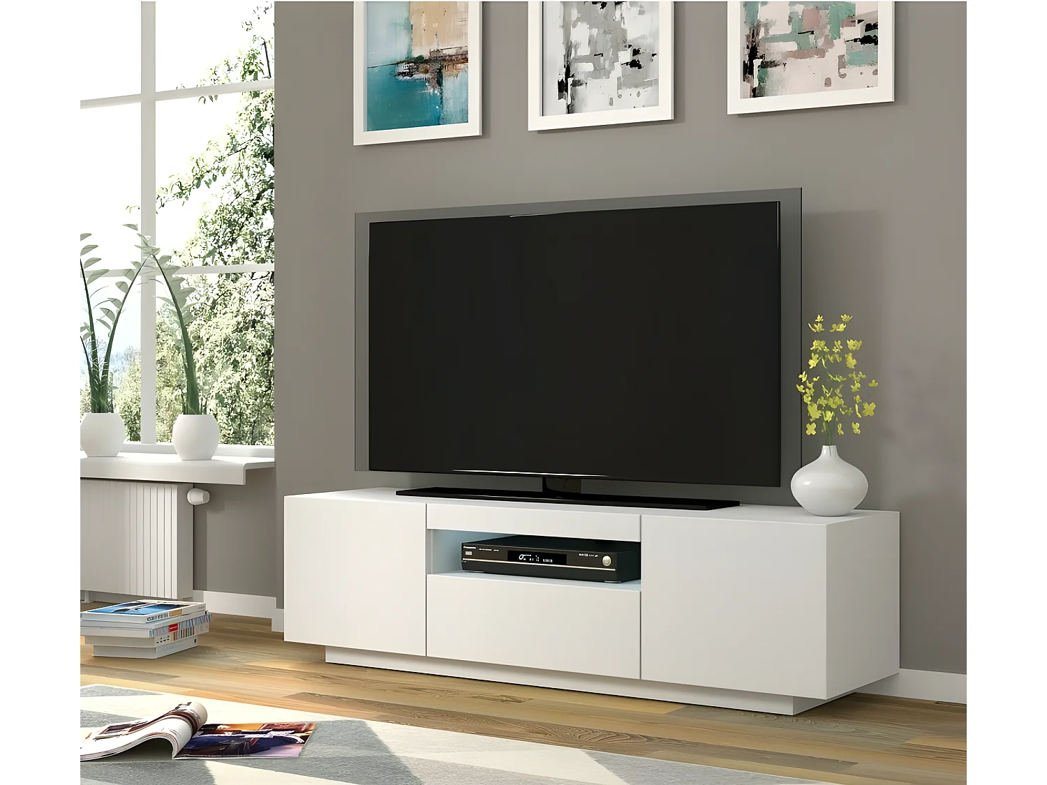 Meuble TV bas universel Aura 150 cm à suspendre ou à poser blanc mat avec LED