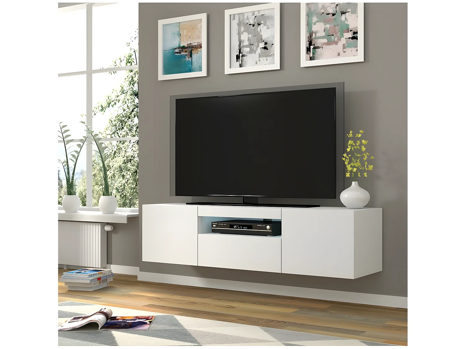Meuble TV bas universel Aura 150 cm à suspendre ou à poser blanc mat avec LED