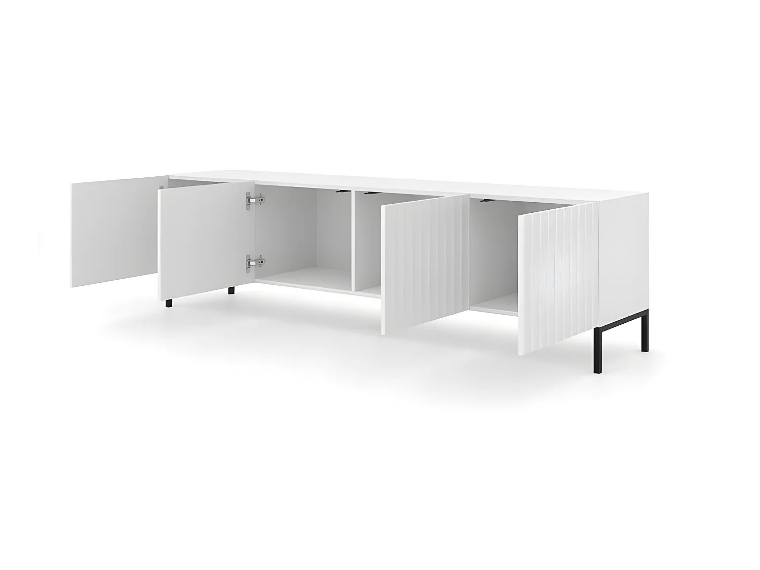 Meuble TV 200x56x42 cm blanc mat VAGUE meuble Hi-fi luxueux sur pieds noir avec 4 portes