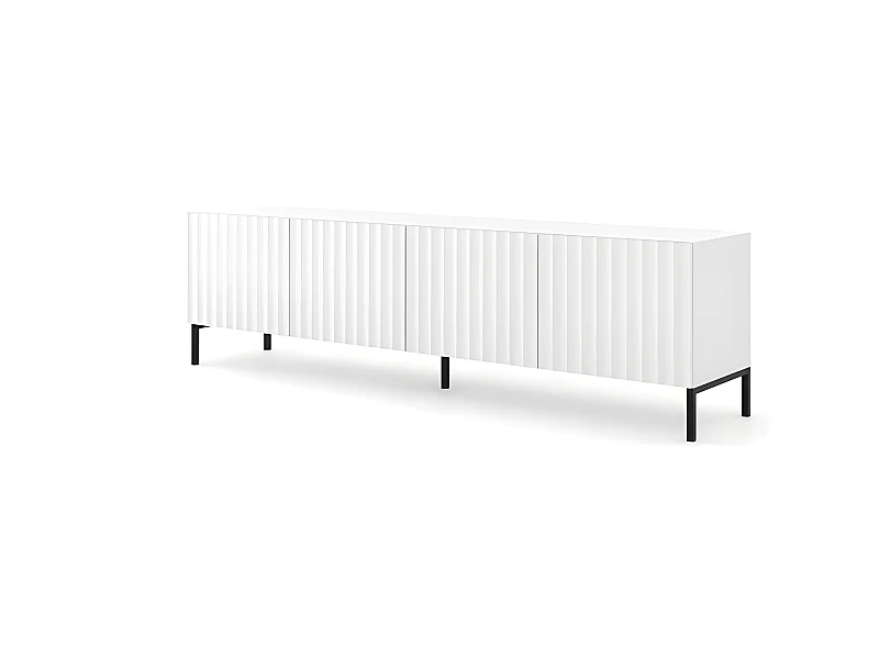 Meuble TV 200x56x42 cm blanc mat VAGUE meuble Hi-fi luxueux sur pieds noir avec 4 portes