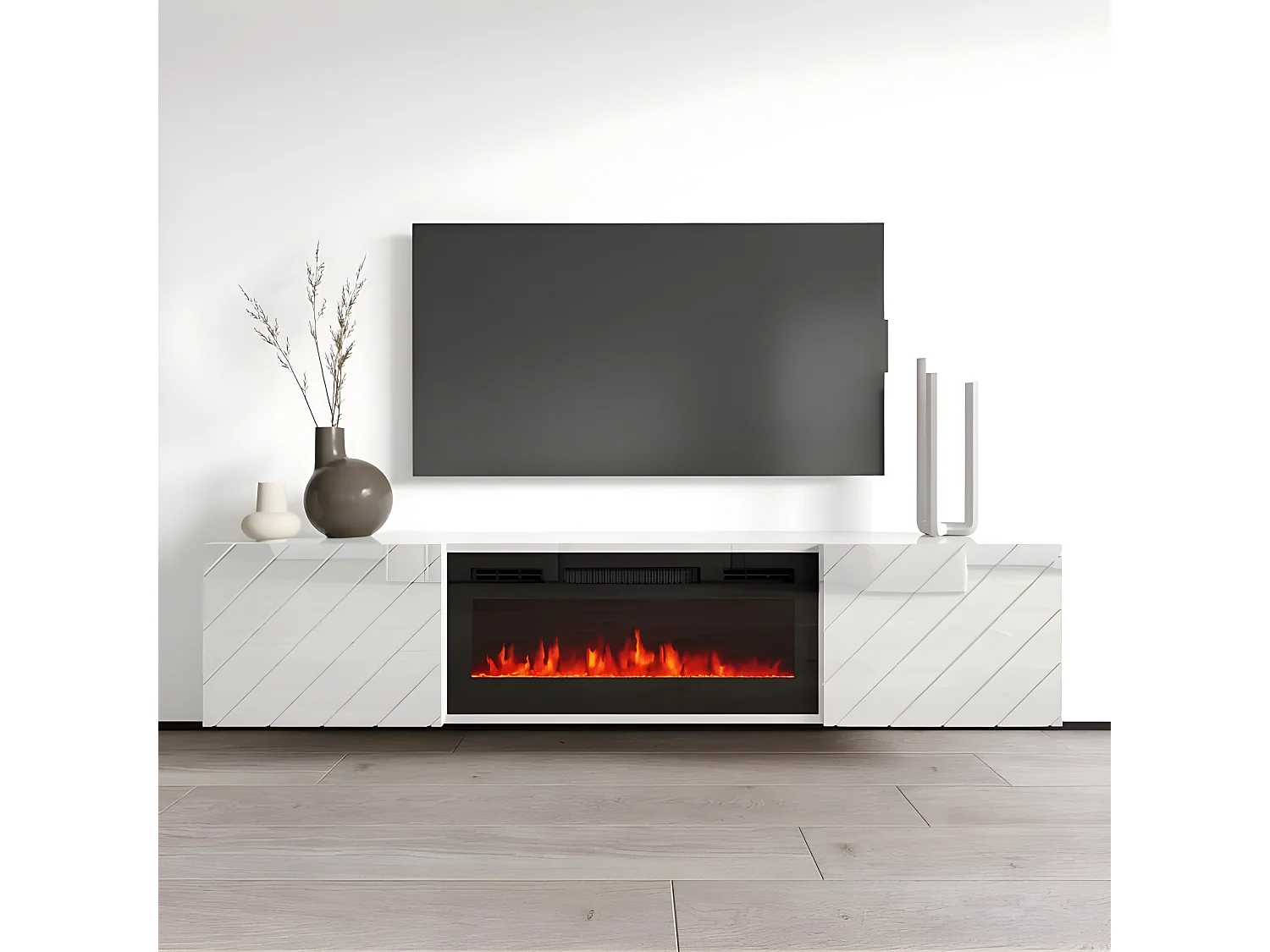 Meuble TV 183x38x35 cm blanc brillant/blanc mat ROTA avec cheminée intégrée noir meuble Hi-fi mural