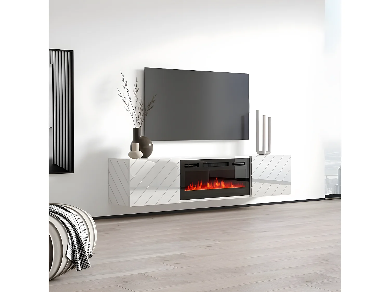 Meuble TV 183x38x35 cm blanc brillant/blanc mat ROTA avec cheminée intégrée noir meuble Hi-fi mural