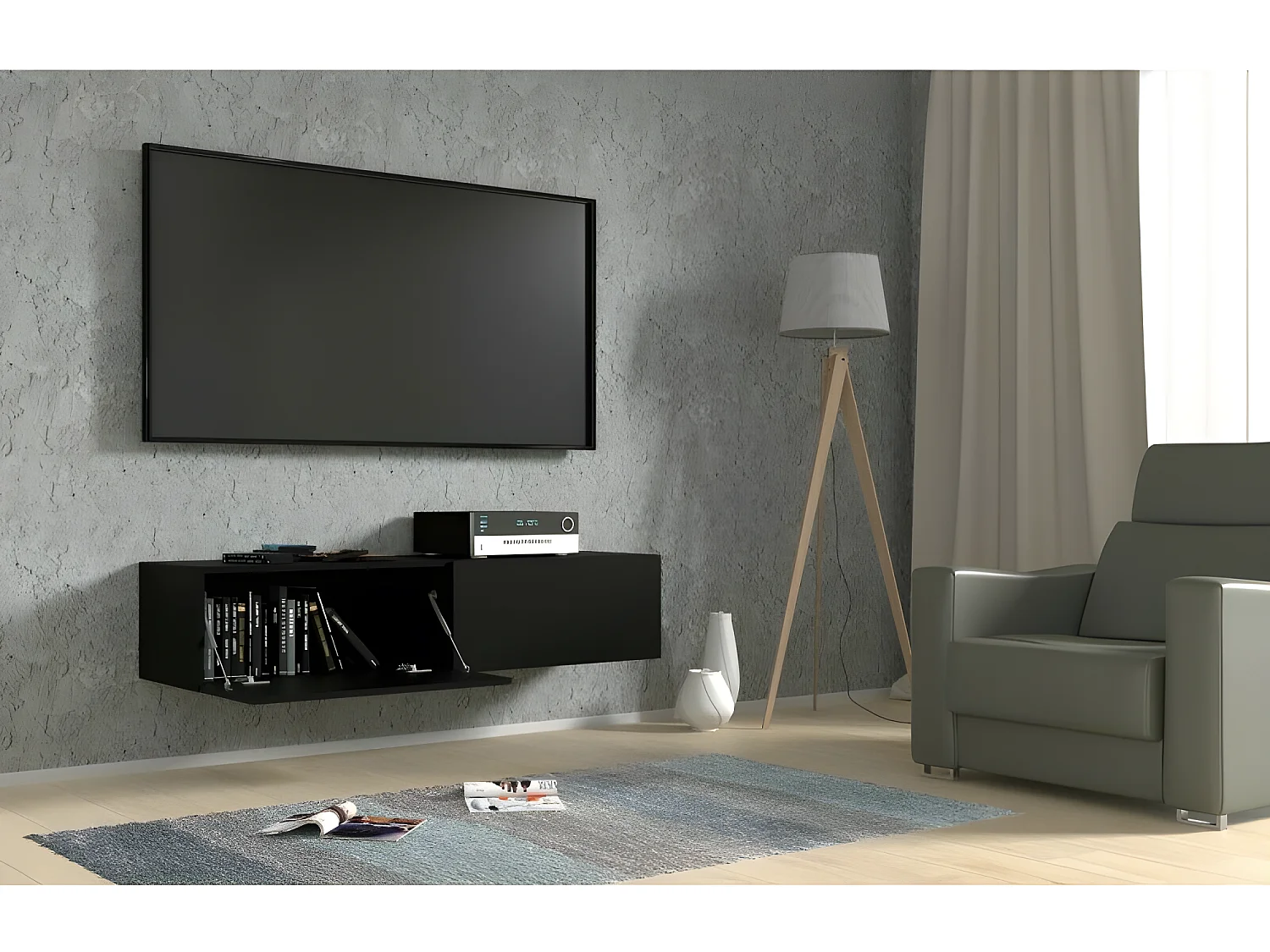 Meuble TV Mural Noir mat 140x40x30 cm Bingo meuble Hi-fi sideboeard commode à suspendre