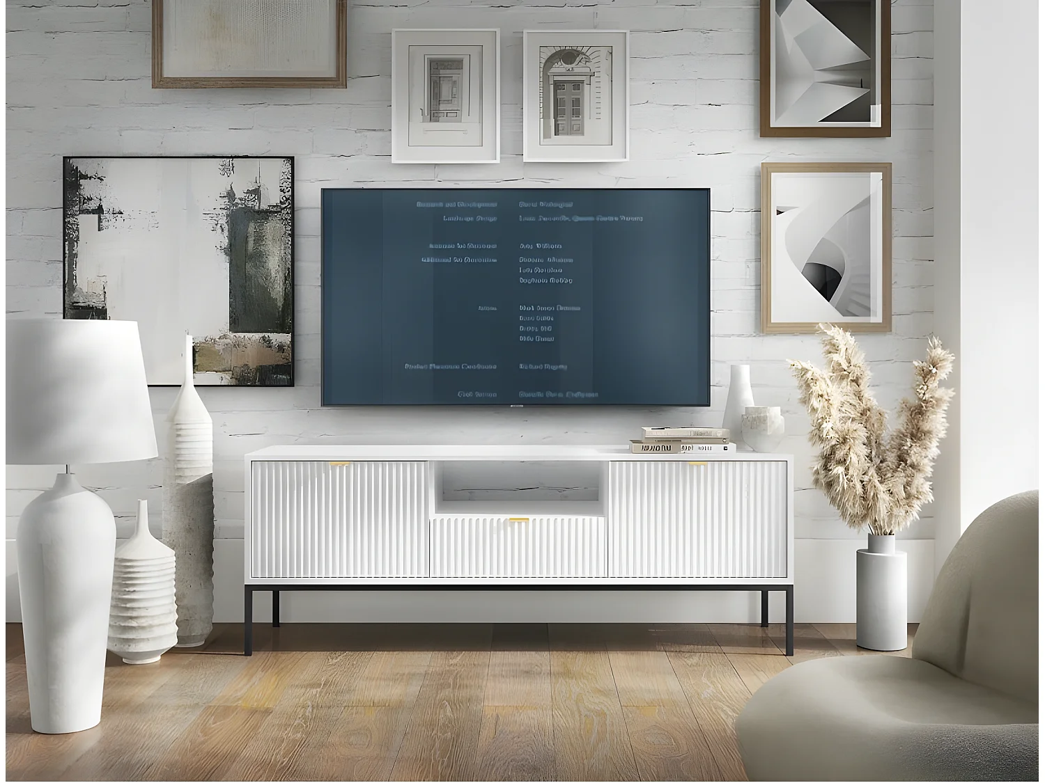 Meuble TV blanc 154x56x39cm NOEMIE meuble Hi-fi commode TV sur pied