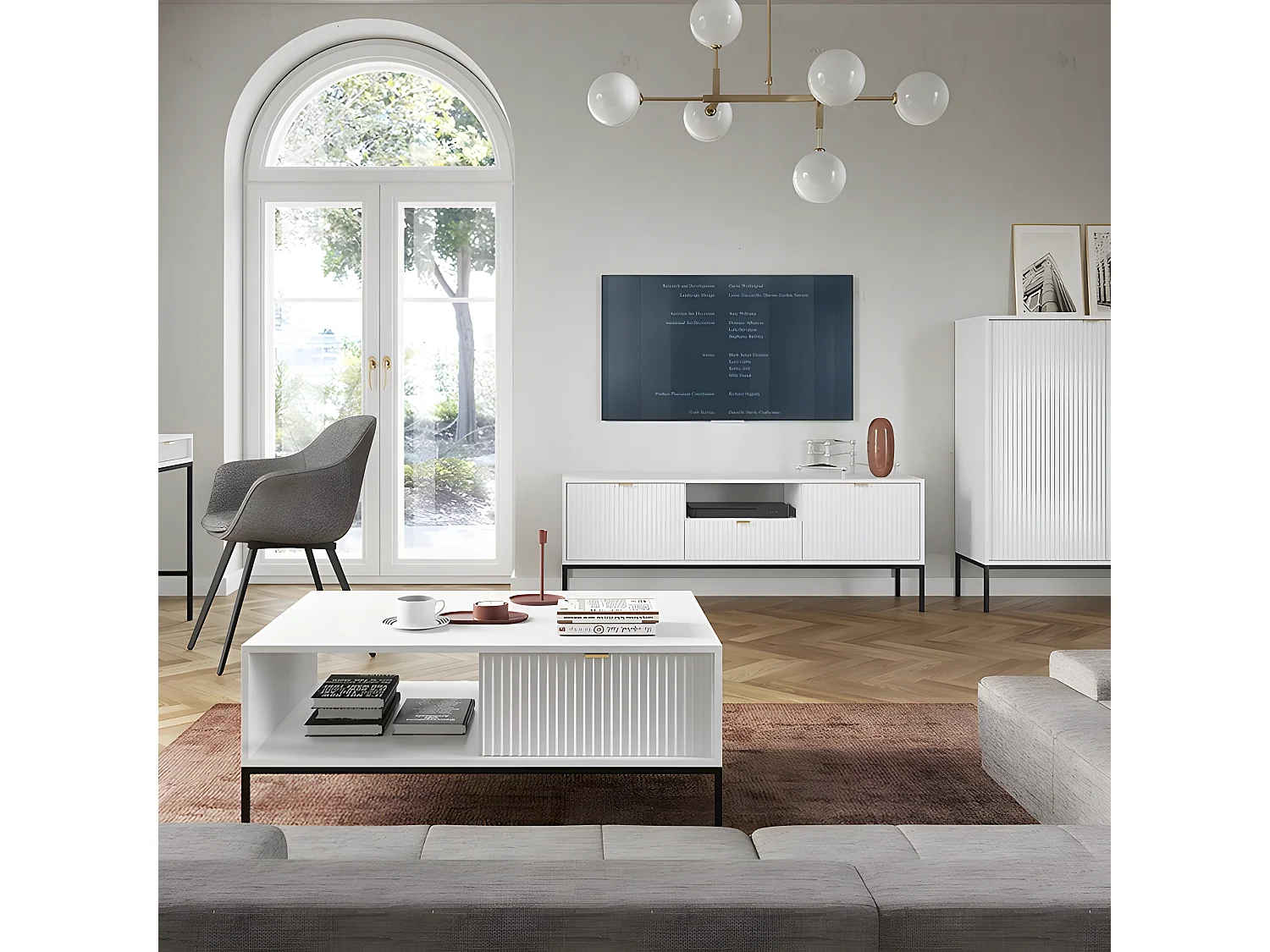 Meuble TV blanc 154x56x39cm NOEMIE meuble Hi-fi commode TV sur pied