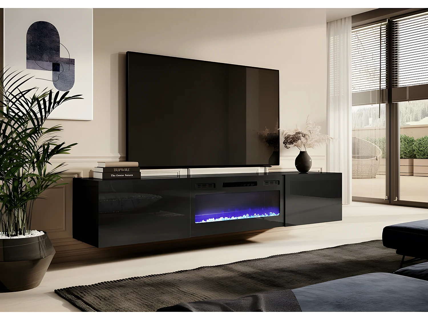 Meuble TV Noir brillant 200x37x40cm Avec Cheminée chauffante intégrée SLIKA K à suspendre