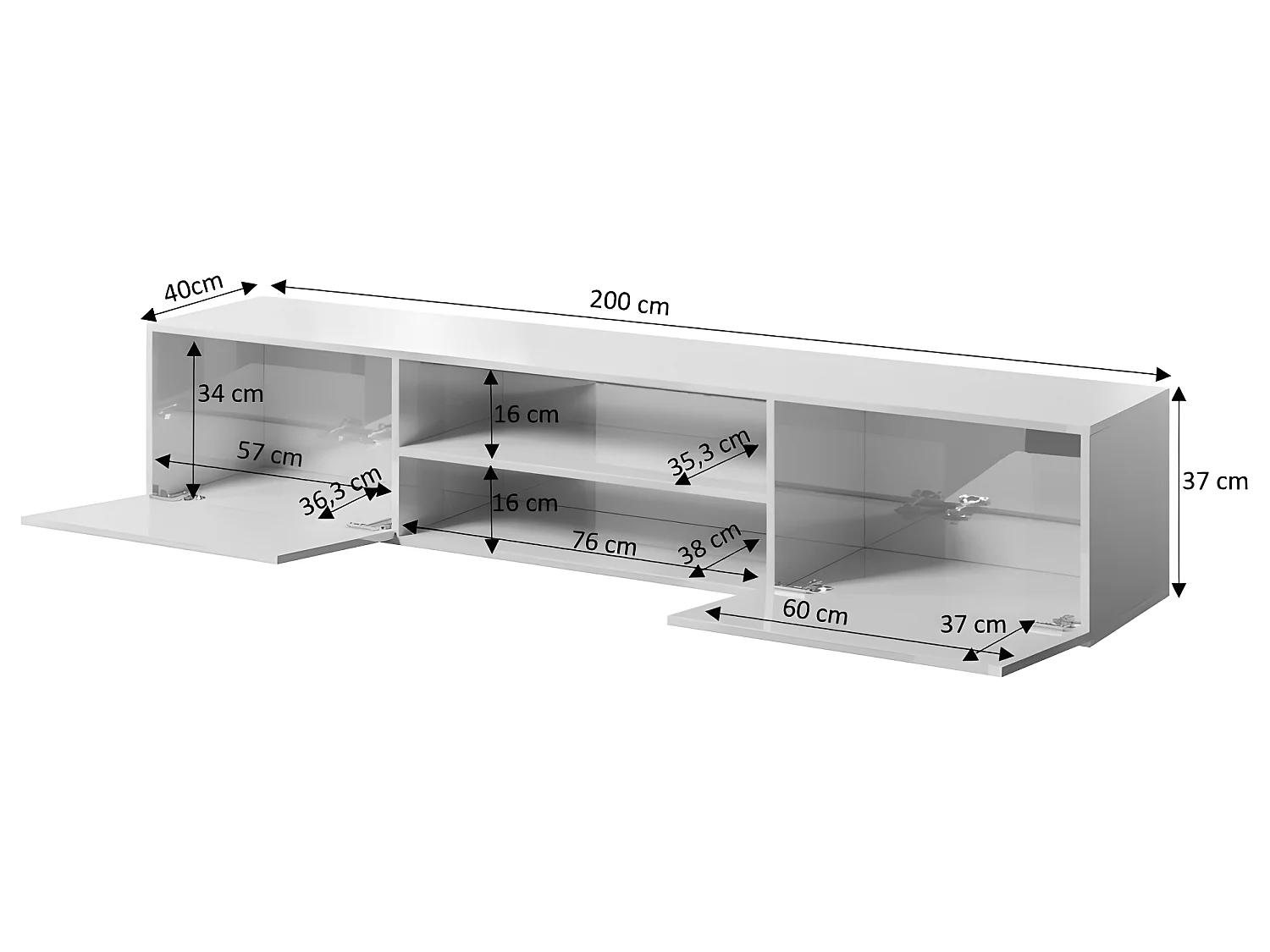 Meuble TV Noir brillant 200x37x40cm Avec Cheminée chauffante intégrée SLIKA K à suspendre