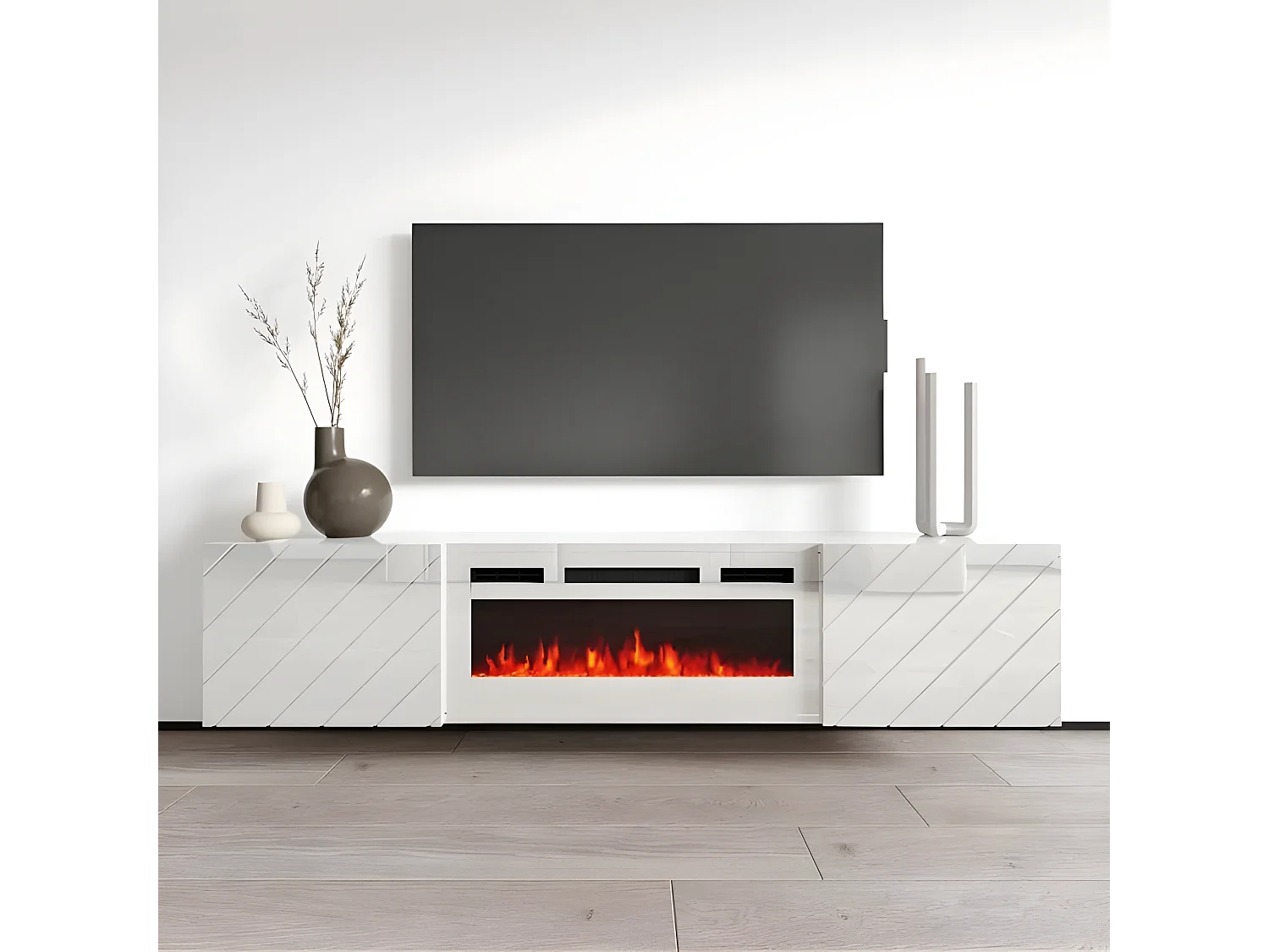 Meuble TV 183x38x35 cm blanc brillant/blanc mat ROTA avec cheminée intégrée blanche meuble Hi-fi mural