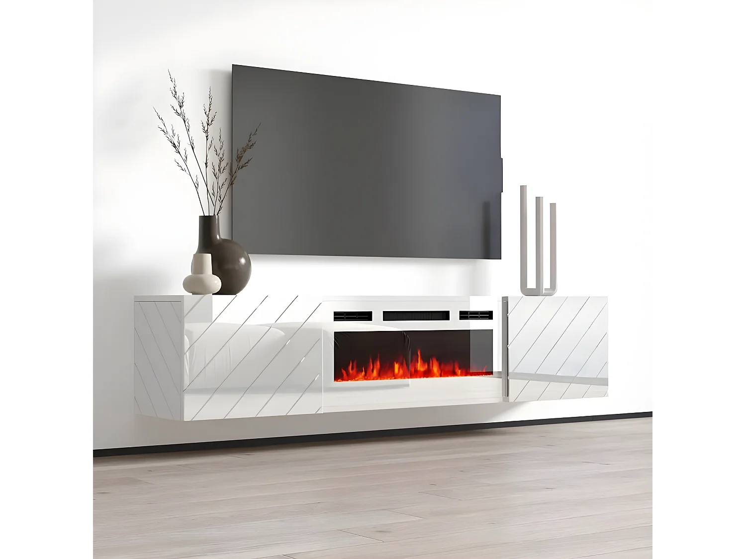 Meuble TV 183x38x35 cm blanc brillant/blanc mat ROTA avec cheminée intégrée blanche meuble Hi-fi mural