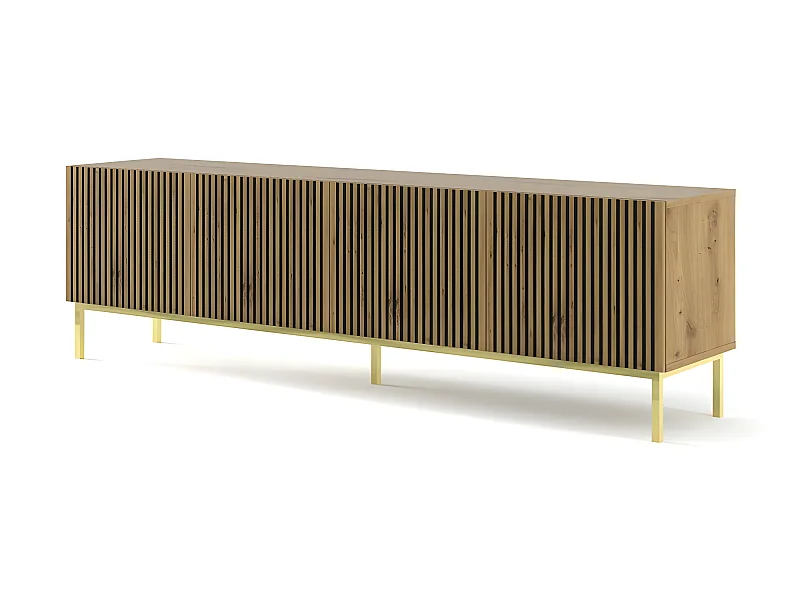 Meuble TV meuble Hi-fi sur pied couleur Chêne artisan 200x42x58cm RAVI F PEINT Pied Cadré or