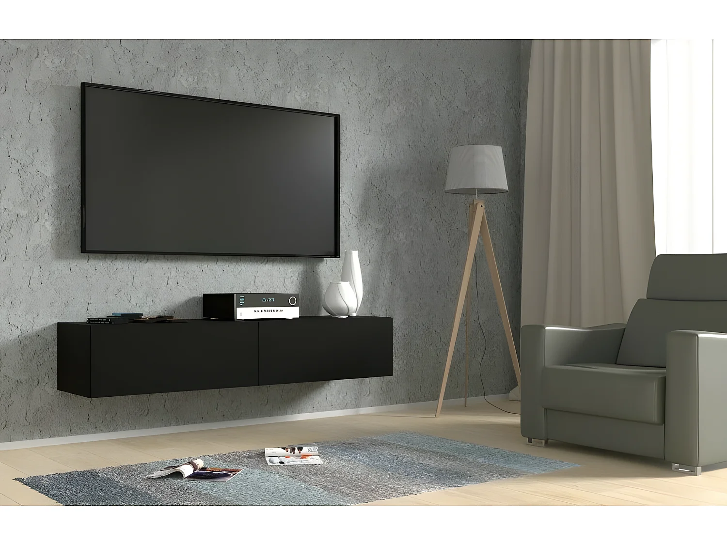Meuble TV Mural Noir mat 160x40x30cm Bingo meuble Hi-fi sideboeard commode à suspendre