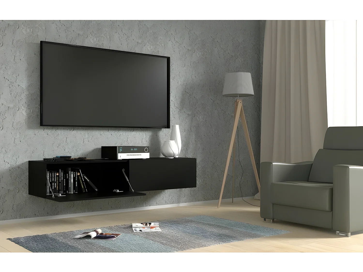 Meuble TV Mural Noir mat 160x40x30cm Bingo meuble Hi-fi sideboeard commode à suspendre