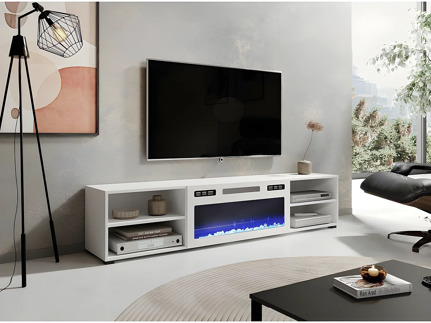 Meuble TV 180x39x33 cm blanc mat ROLLI avec cheminée intégrée blanche meuble Hi-fi à susprendre ou á poser