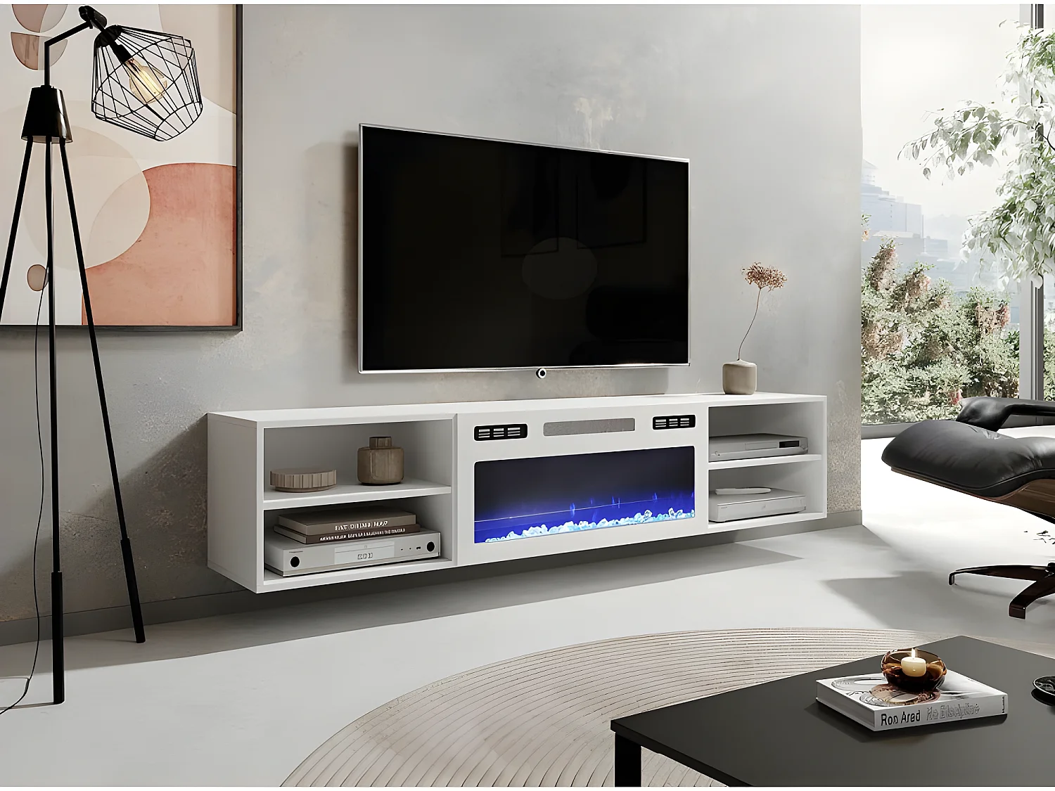 Meuble TV 180x39x33 cm blanc mat ROLLI avec cheminée intégrée blanche meuble Hi-fi à susprendre ou á poser