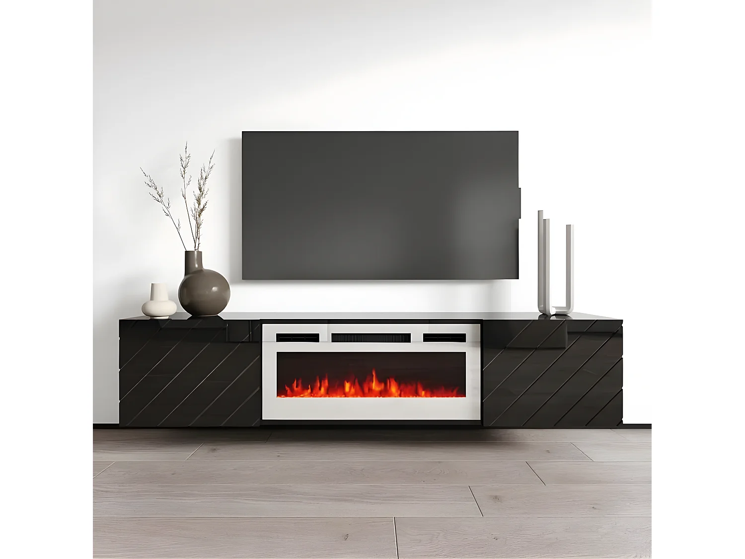 Meuble TV 183x38x35 cm Noir brillant/noir mat ROTA avec cheminée intégrée blanche meuble Hi-fi mural