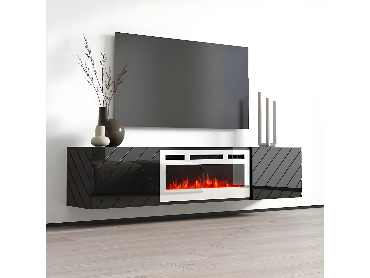 Meuble TV 183x38x35 cm Noir brillant/noir mat ROTA avec cheminée intégrée blanche meuble Hi-fi mural