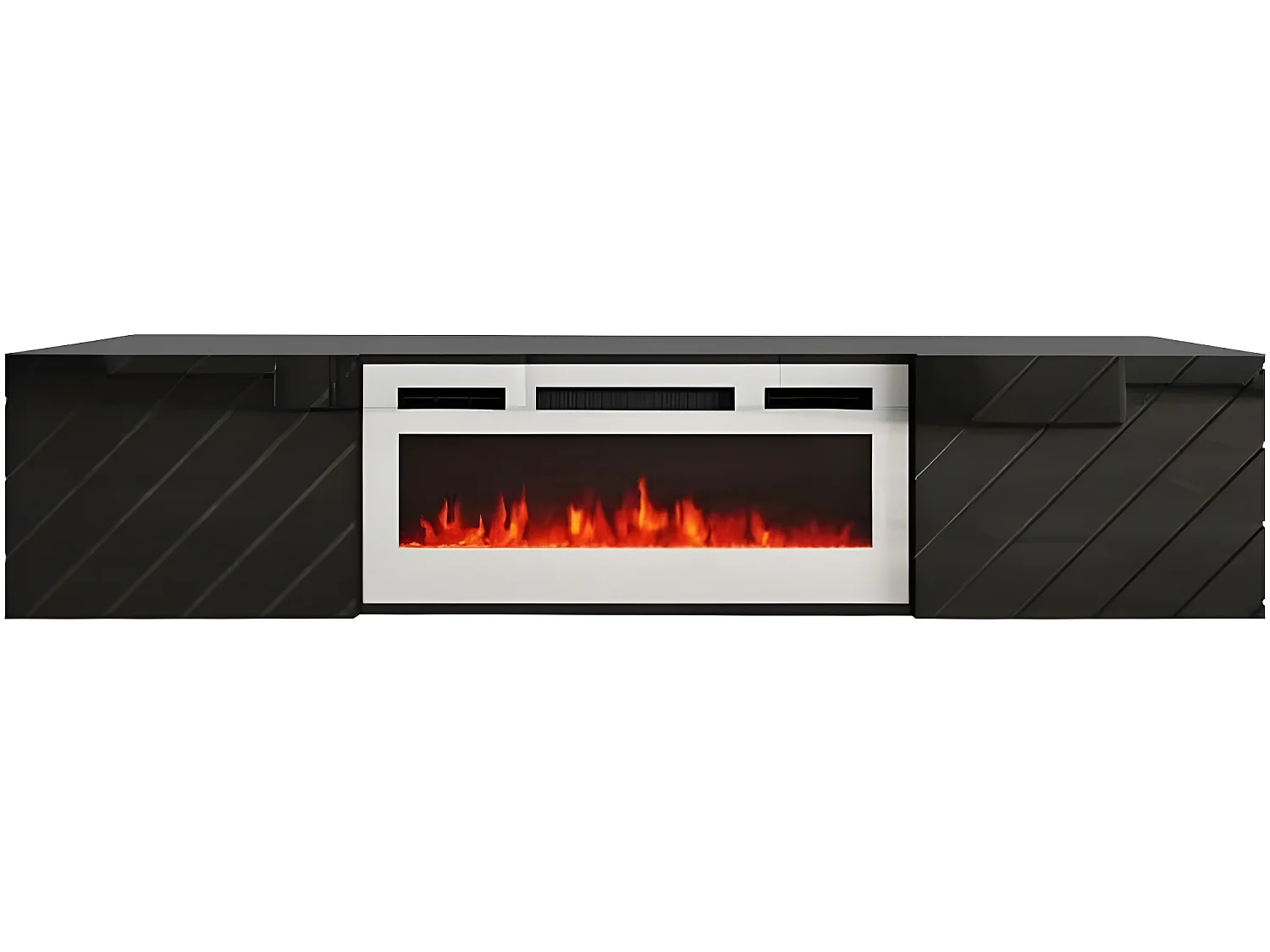 Meuble TV 183x38x35 cm Noir brillant/noir mat ROTA avec cheminée intégrée blanche meuble Hi-fi mural