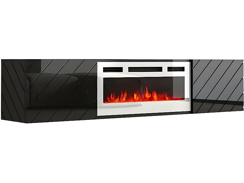Meuble TV 183x38x35 cm Noir brillant/noir mat ROTA avec cheminée intégrée blanche meuble Hi-fi mural