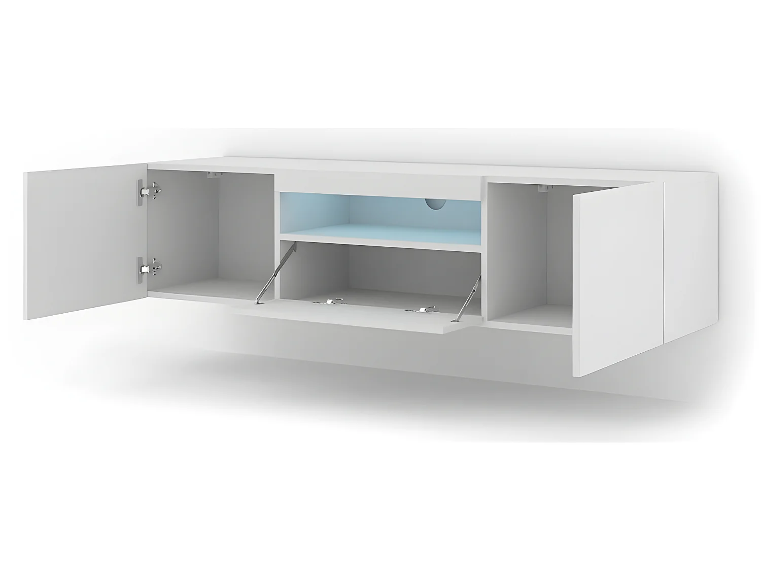 Aura Meuble TV bas universel 150 cm à suspendre ou à poser Armoire Hi-fi avec LED Blanc brillant