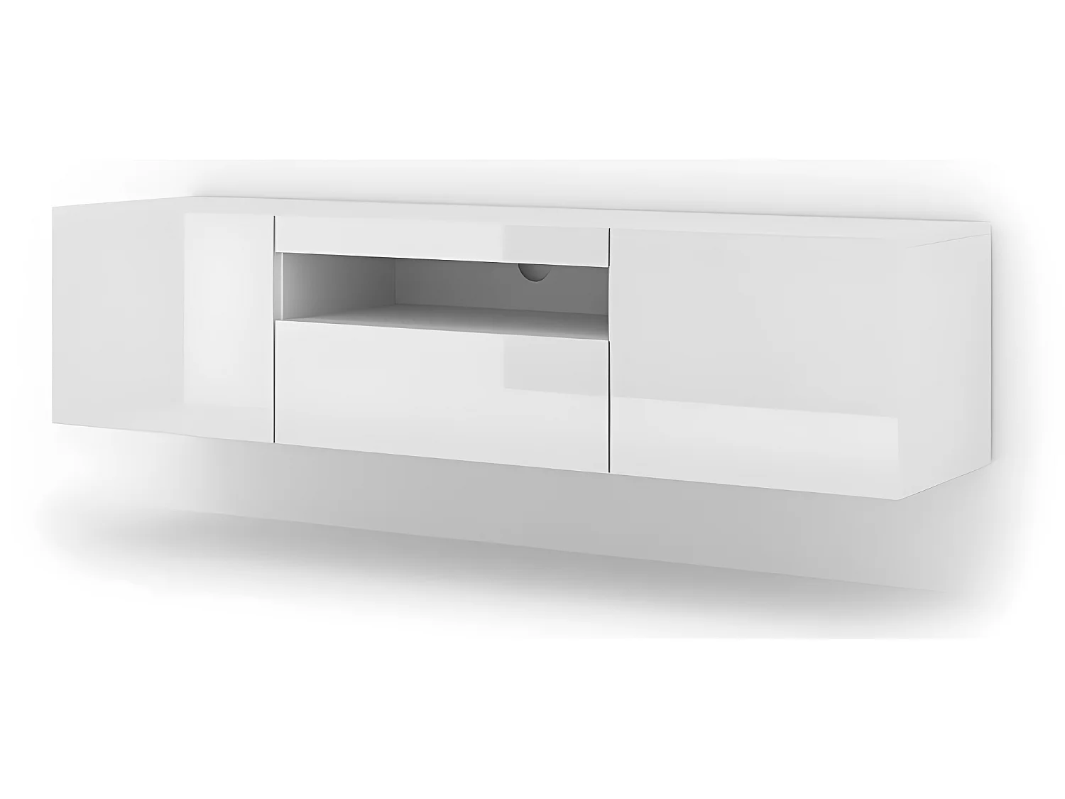 Aura Meuble TV bas universel 150 cm à suspendre ou à poser Armoire Hi-fi avec LED Blanc brillant