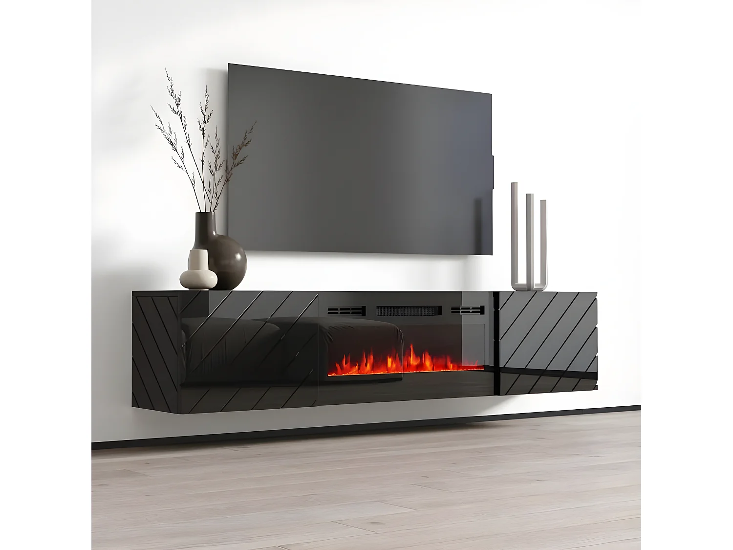 Meuble TV 183x38x35 cm Noir brillant/noir mat ROTA avec cheminée intégrée noire meuble Hi-fi mural