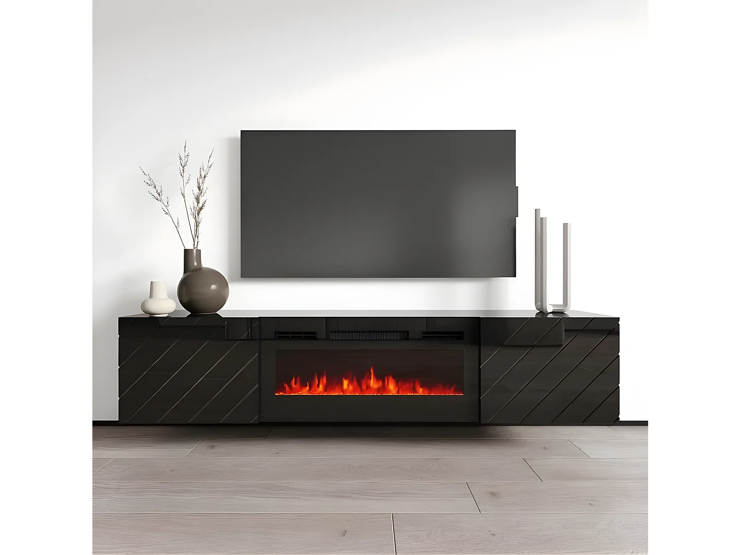 Meuble TV 183x38x35 cm Noir brillant/noir mat ROTA avec cheminée intégrée noire meuble Hi-fi mural