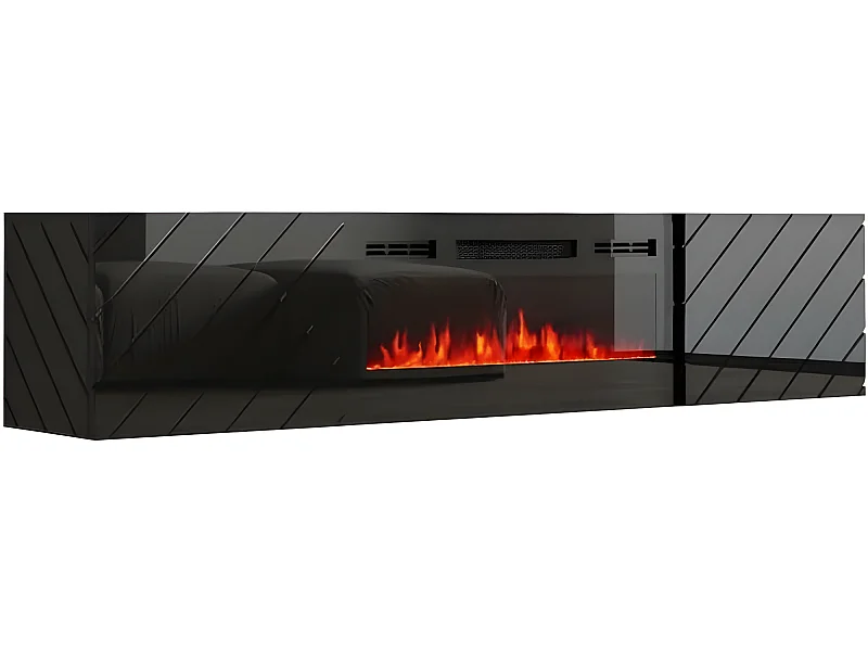 Meuble TV 183x38x35 cm Noir brillant/noir mat ROTA avec cheminée intégrée noire meuble Hi-fi mural