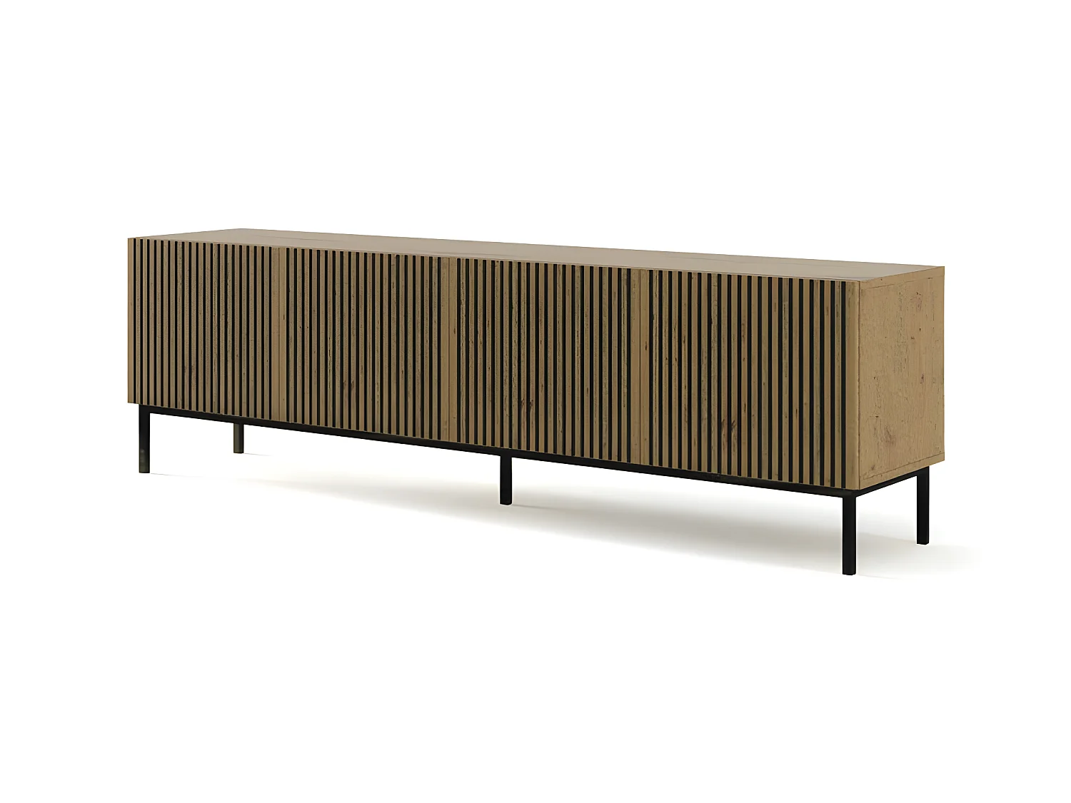Meuble TV meuble Hi-fi sur pied couleur Chêne artisan 200x42x58cm RAVI F PEINT Pied Cadré noir