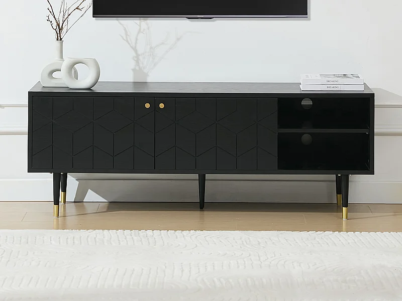 Meuble TV avec 2 portes et 2 niches placage chêne - Noir et doré - PARIOMA