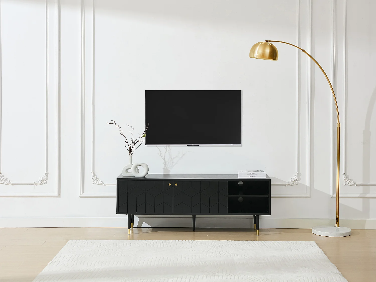Meuble TV avec 2 portes et 2 niches placage chêne - Noir et doré - PARIOMA