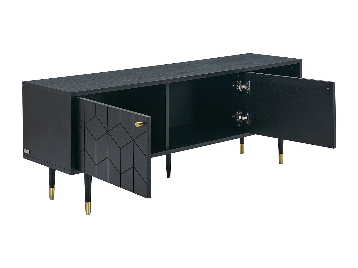 Meuble TV avec 2 portes et 2 niches placage chêne - Noir et doré - PARIOMA