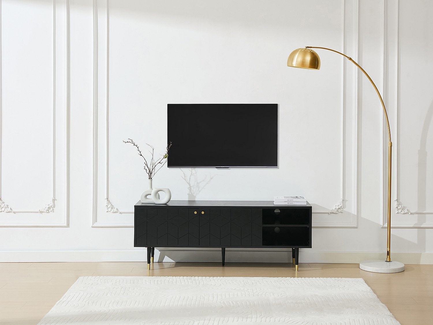 Vente-unique Tv-Möbel Mit 2 Türen & 2 Fächern - Eichenfurnier - Schwarz & Goldfarben - Parioma