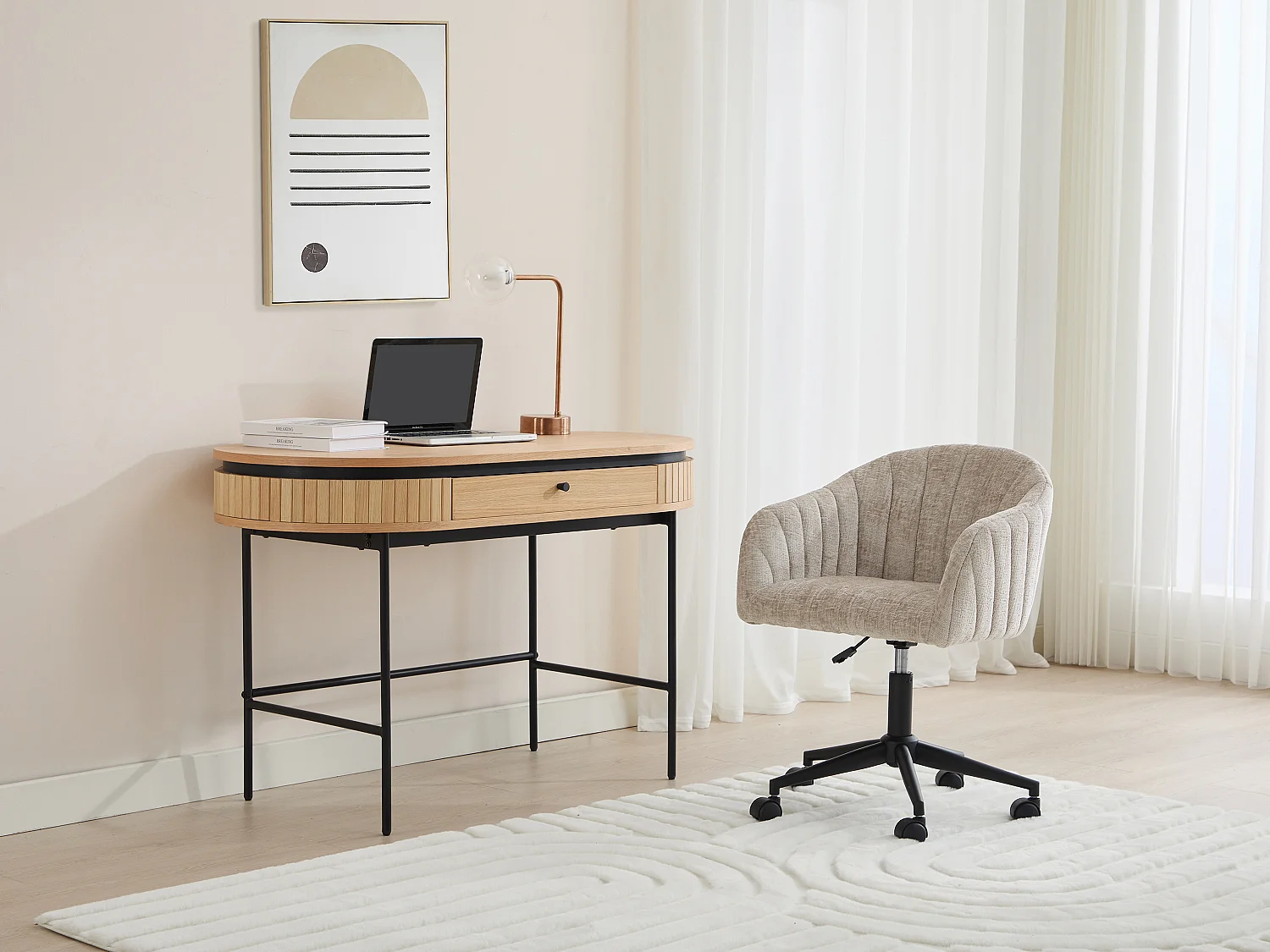 Bureau avec 1 tiroir - Placage chêne - Coloris : Naturel et noir - CARDIONA