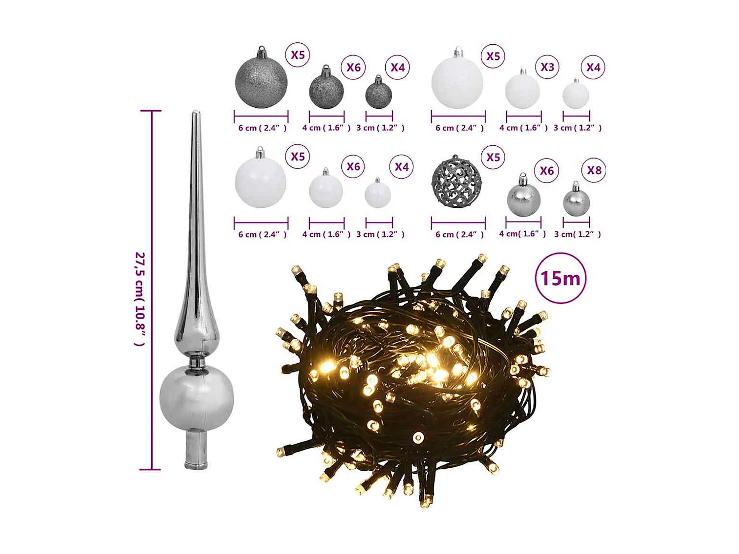 Set de boules de Noël avec pic et 150 LED 61 pcs Blanc et gris