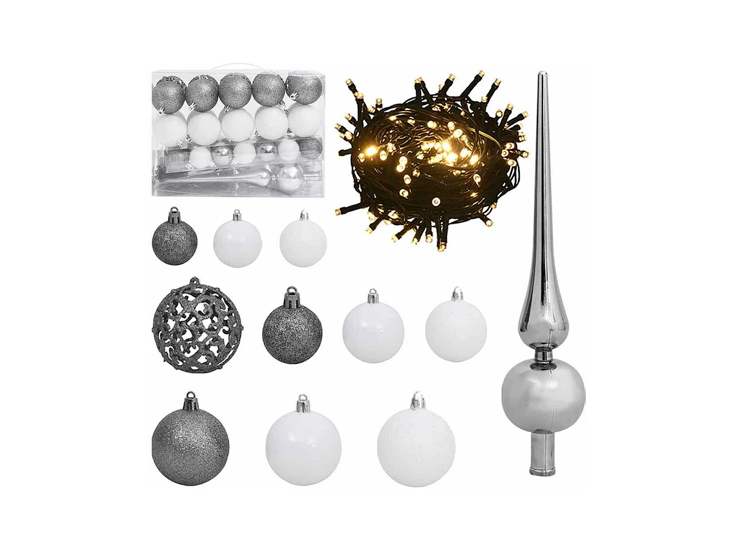 Set de boules de Noël avec pic et 150 LED 61 pcs Blanc et gris