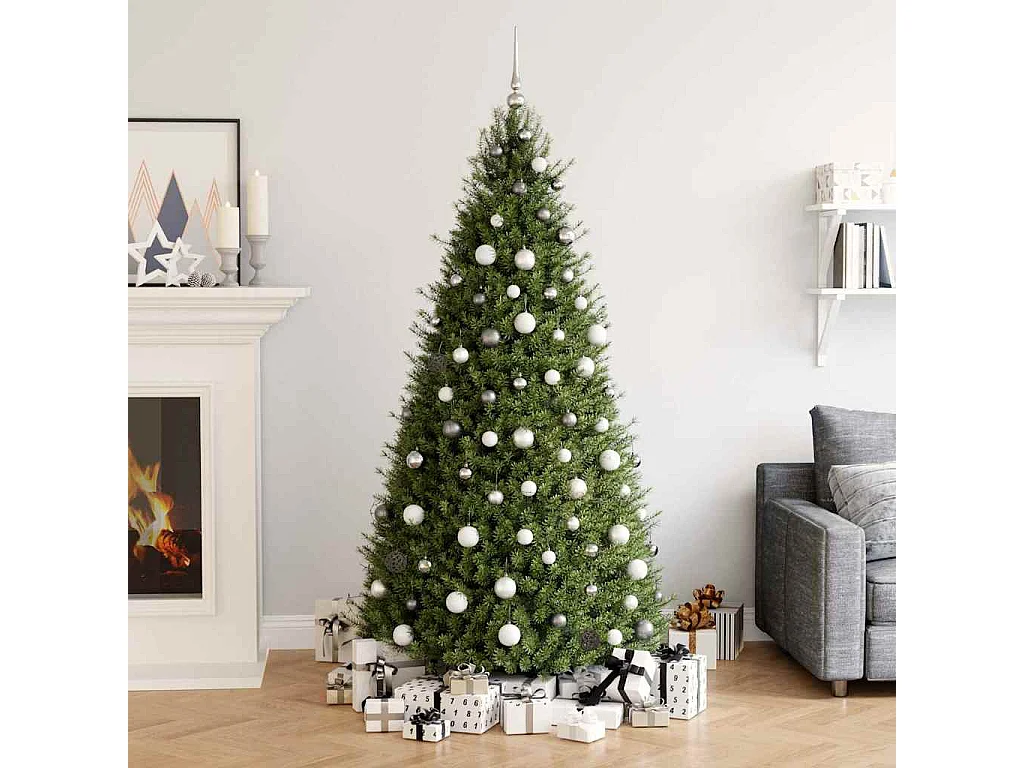 Set de boules de Noël avec pic et 150 LED 60 pcs Blanc et gris