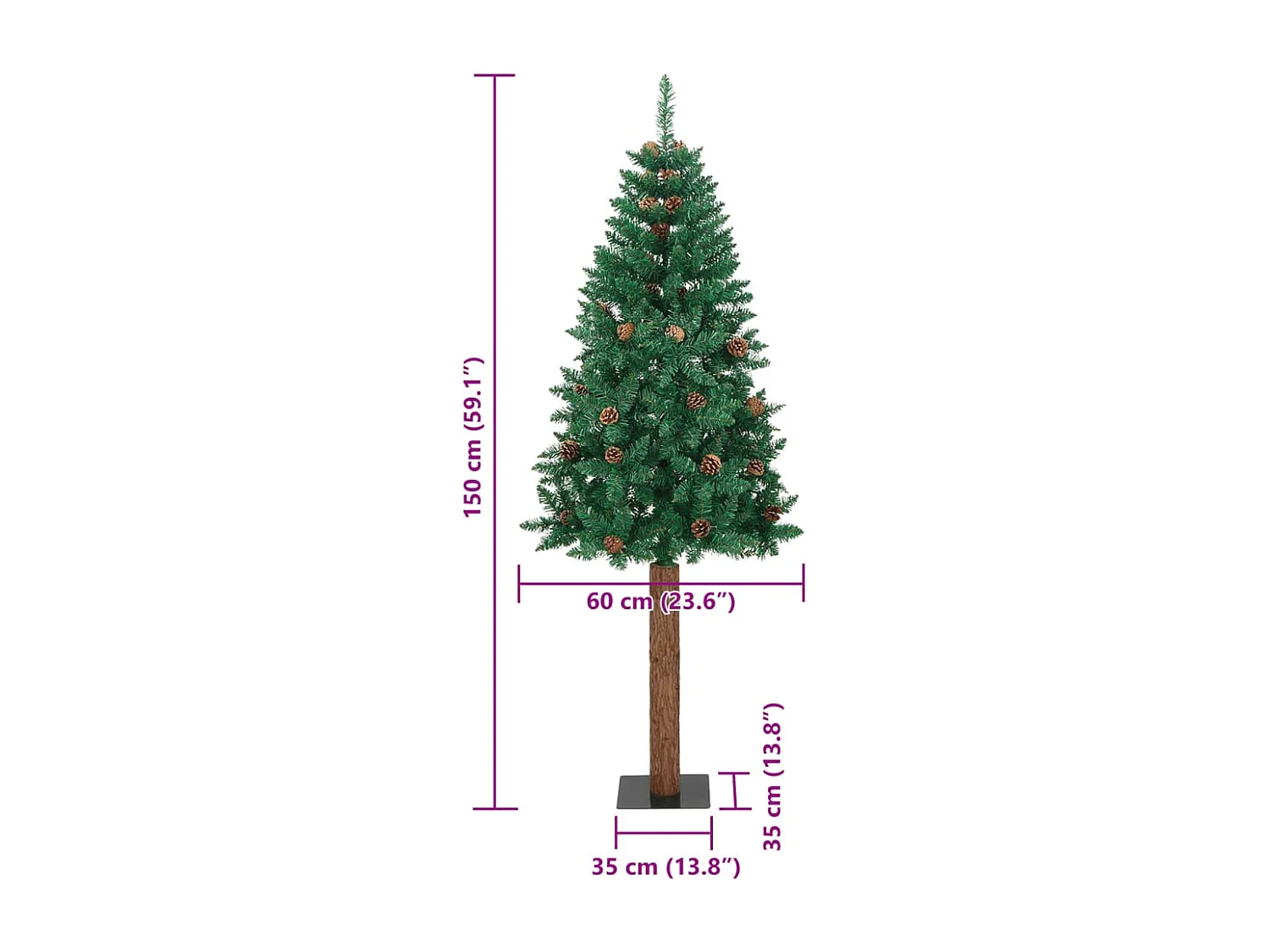Sapin de Noël mince avec bois véritable et cônes vert 150cm PVC