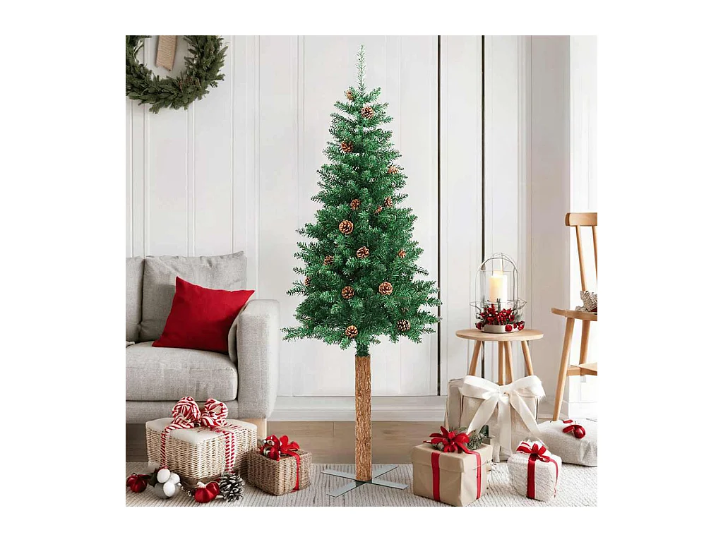 Sapin de Noël mince avec bois véritable et cônes vert 150cm PVC