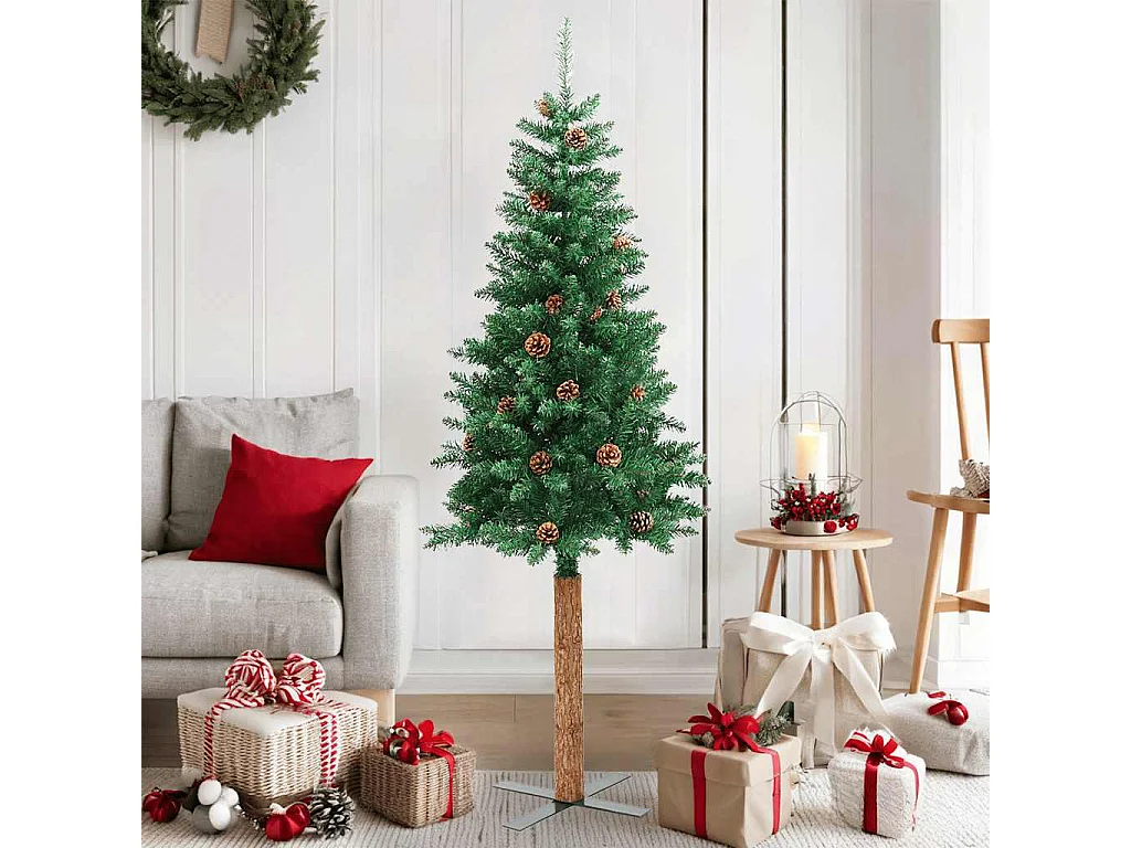 Kerstboom met echt hout en dennenappels smal 150 cm PVC groen