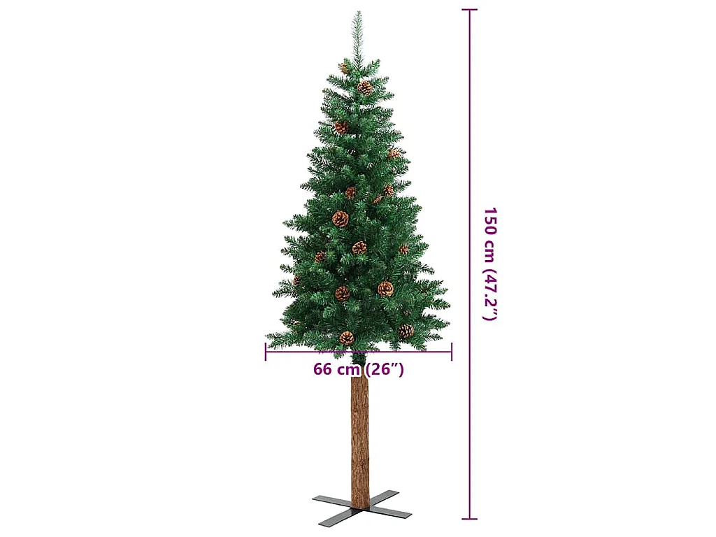 Kerstboom met echt hout en dennenappels smal 150 cm PVC groen