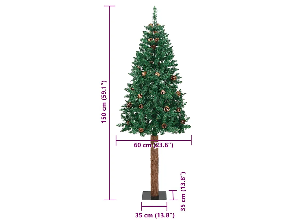 Kerstboom met echt hout en dennenappels smal 150 cm PVC groen