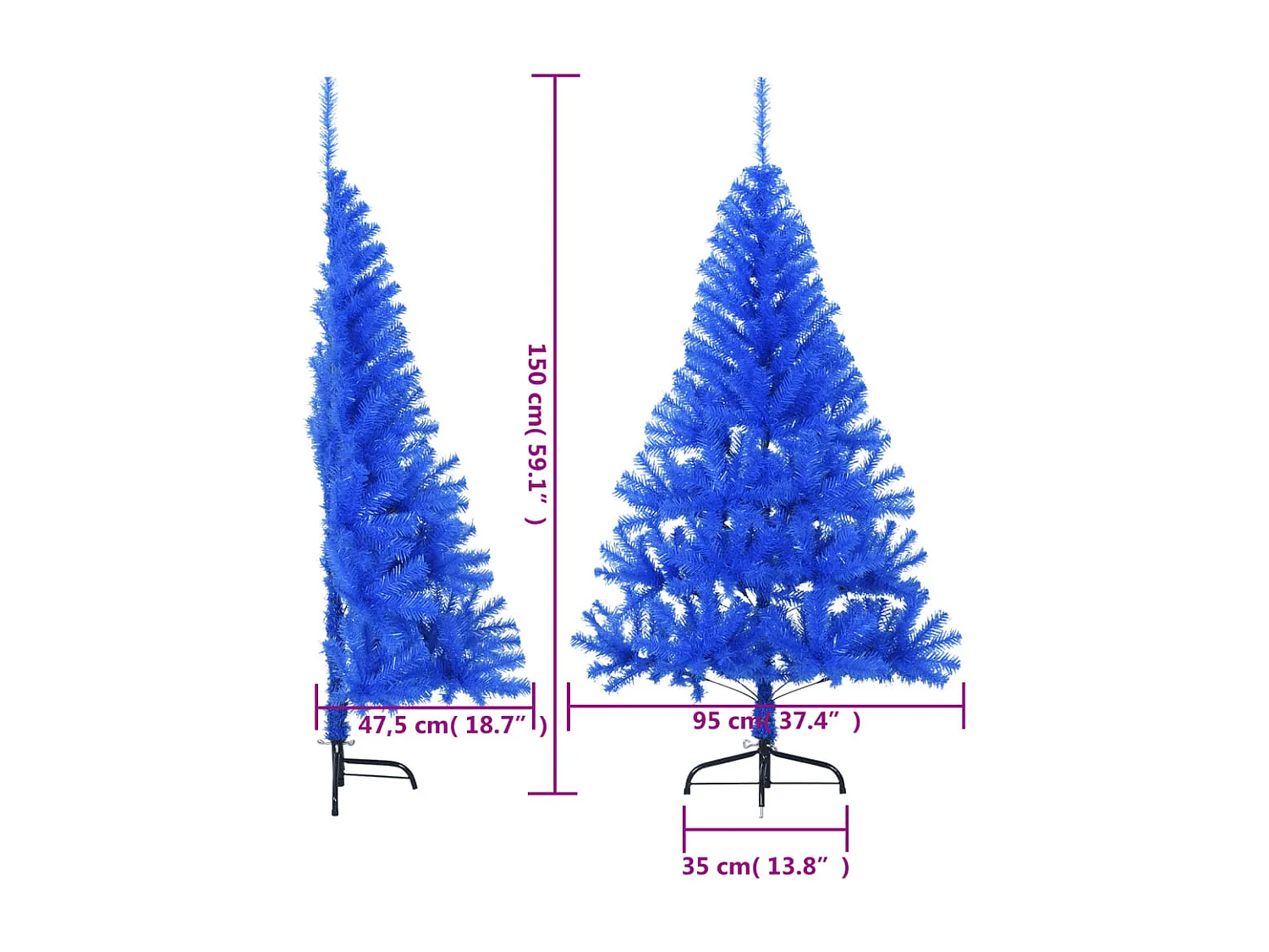 Meia árvore de Natal artificial com suporte 150 cm PVC azul