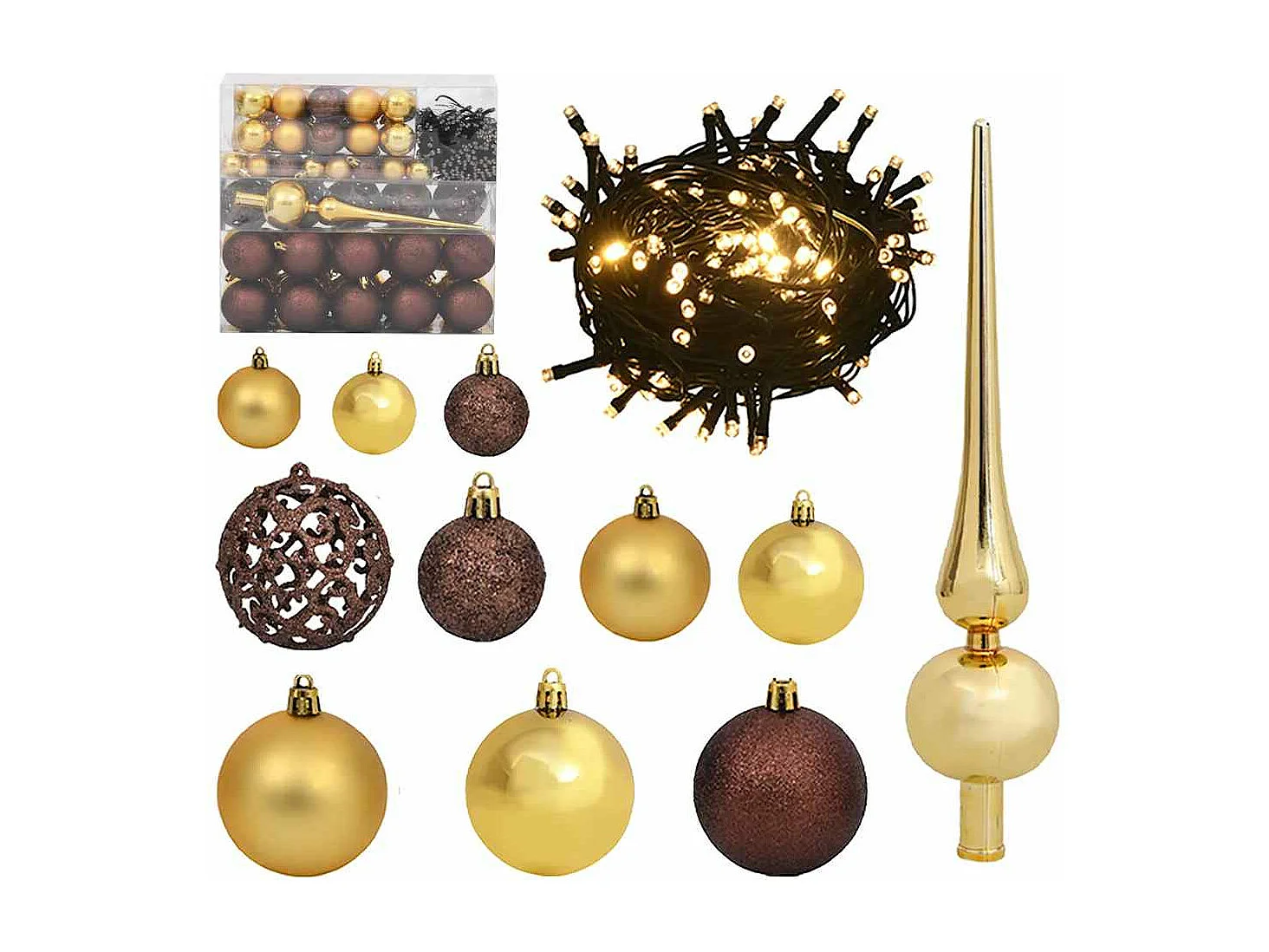 Set de boules de Noël avec pic et 300 LED 120pcs Doré et bronze